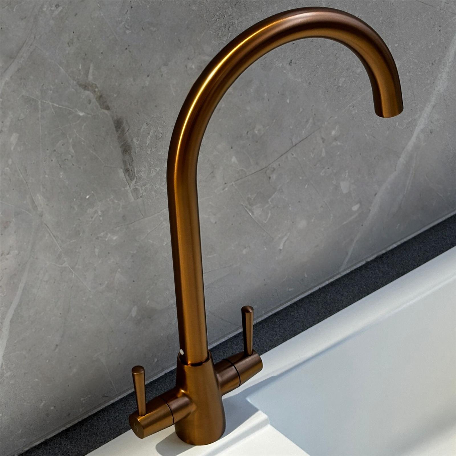 Liquida LU406CP Swivel Spout Swan Neck Twin Lever Copper Kitchen Mixer Tap